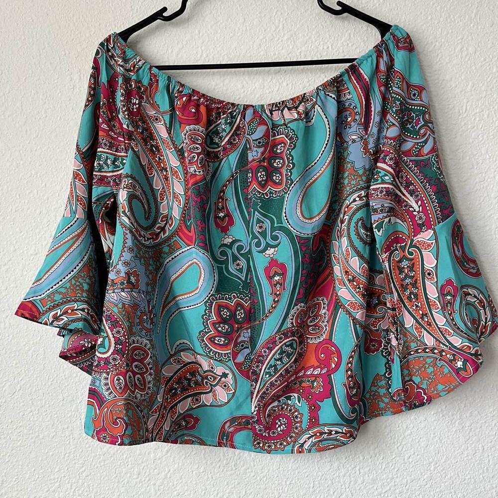 Boho Off Shoulder Bell Sleeve Blouse Paisley Tunic Top Women Medium